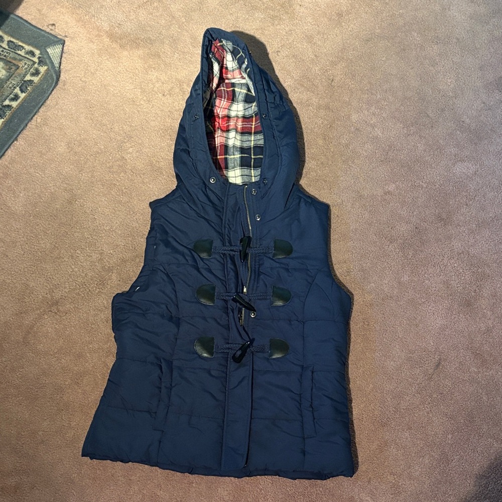 Love Tree Navy Vest with Red Plaid Lining